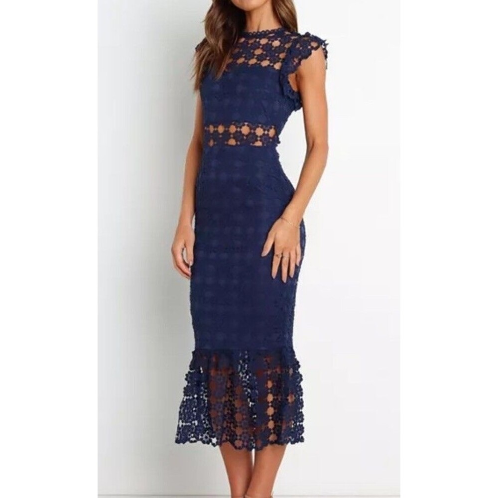 Petal & Pup Womens Lauren Lace Overlay Cocktail Dress Size 4 Navy Wedding Guest